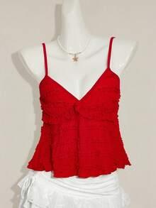 Sweetina Áo hai dây mùa hè kiểu dáng thường ngày, màu trơn, chất liệu vải jacquard. - Đỏ - Xem 4