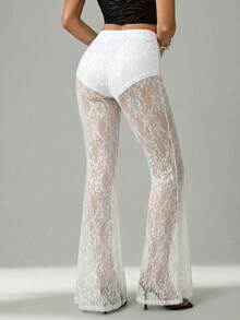 SHEIN Tall Quần ống loe ren kiểu dáng Y2K dành cho nữ, thích hợp mặc đi hộp đêm hoặc xem hòa nhạc, dành cho người nhỏ nhắn. - trắng - Xem 3