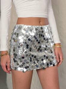 SHEIN Tall Women's Sparkly Mini Skirt,Ladies Party,Sexy Appliques,Contrast Sequin,Zipper Mini Regular Fit Drop Waist Gold Floral,Plain Women Skirts,Spring/Summer,Party/Nightclub Outfits - Silver - View 3