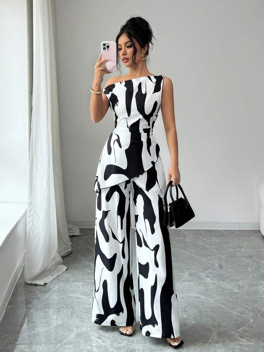 Elenzga 女士斜肩上衣和直筒裤印花两件套，适合度假、通勤、春夏穿着 - 彩色 - 查看 1