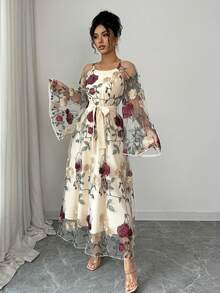 SHEIN Elenzya 女士方领花卉刺绣网纱优雅连衣裙，适合聚会、正式场合、夏季度假（刺绣图案随机） - 杏色 - 查看 3