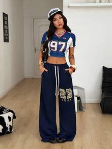 Coolane Women's Spring/Summer Streetwear Back To School Casual Fashion Street Leopard Print Numeric & Letter Drawstring Waist Loose Wide Leg Pants - Blue - View 1