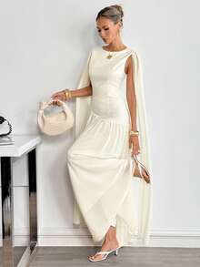 Siren Gaze 女士优雅杏色褶裥连衣裙，夏季 - 杏色 - 查看 5