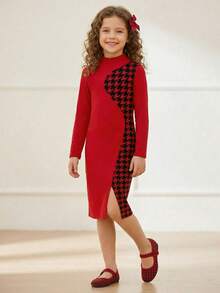 SHEIN 少女休闲运动街头风纯色针织拼接高领长袖修身不对称下摆连衣裙，秋冬款 - 紅色 - 查看 1