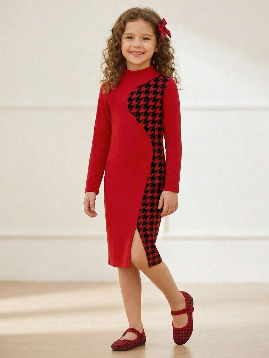 SHEIN 少女休闲运动街头风纯色针织拼接高领长袖修身不对称下摆连衣裙，秋冬款 - 紅色 - 查看 1