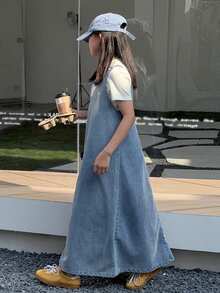 DAZY 少女宽松休闲百搭牛仔背带裙 - 淺色水洗藍 - 查看 6