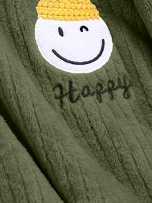 DAZY Striped Flannel Thickened Cute Expression Decor Loose Long Sleeve & Pants 2 Pieces Pajama Set, Autumn/Winter - Army Green - View 6