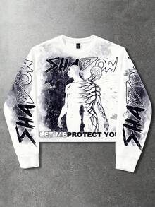 ROMWE MEN Street Life Men's Letter & Portrait Graphic Crew Neck Long Sleeve Pullover Sweatshirt - White - View 1