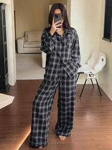 DAZY 2 pièces Ensemble de pyjama à carreaux de Noël pour femmes, chemise ample à manches longues et pantalon long, automne/hiver - Noir - Voir 5