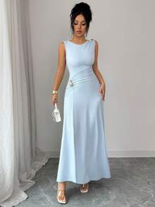 Elenzga Elegant Asymmetrical Hem Waist Cinched Sleeveless Crew Neck Stretchy Knit Bodycon Dress, Metallic Accent, French Chic, Vacation Sexy, Minimalist, Spring/Summer Elegant Long Dress Light Blue Long Dress Sleeveless Long Dress Sky Blue Formal Dress Sleek Long Dress - Blue - View 5