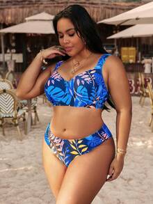 Swim Vcay 大码女士夏季沙滩植物印花露背系带比基尼泳衣套装 - 藍色 - 查看 6