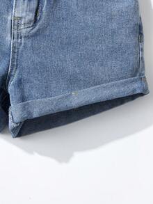 少女牛仔裤，春夏新款，休闲牛仔短裤，浅蓝色水洗牛仔裤，宽松直筒版型，舒适棉质牛仔面料，适合日常穿着和户外活动，卷边裤脚 - 淺色水洗藍 - 查看 4