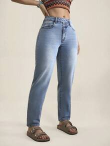 SHEIN Tall 女士休闲日常通勤时尚街头百搭重叠腰部紧身牛仔裤 - 藍色 - 查看 3