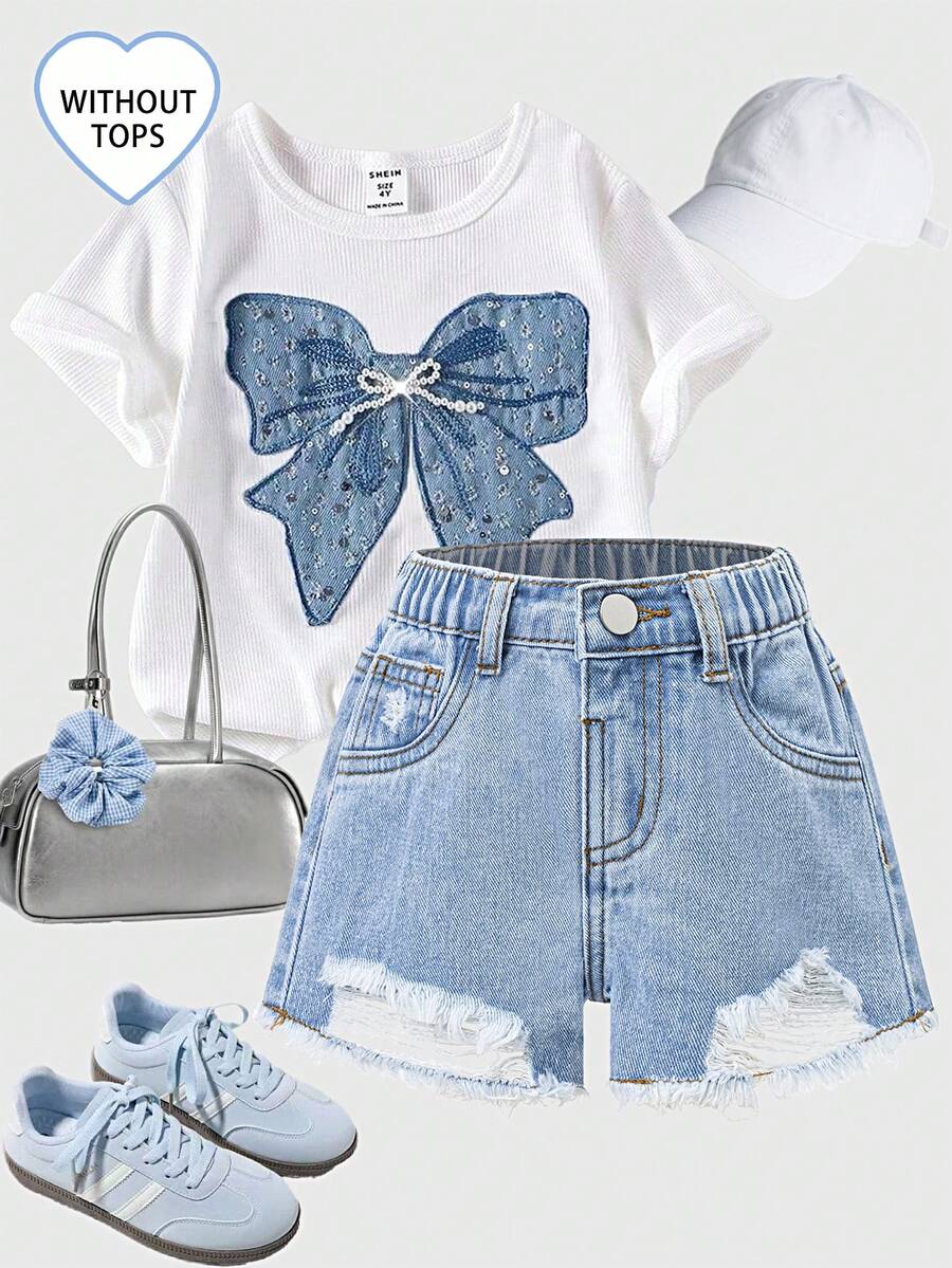 女婴时尚百搭做旧牛仔短裤 - 淺色水洗藍 - 查看 1