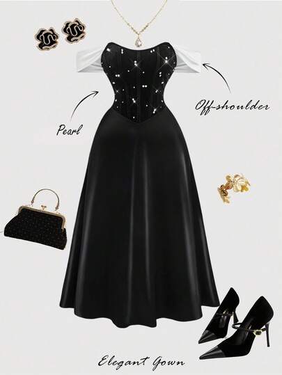 SHEIN MOD Plusstorlek Romantisk Svart-Vit Klänning med Fiskbensmönster och Enaxlad Hals, Middagsoutfit, Formell Klänning, Balklänning, Klänning, Klänning, Vinröd Långklänning, Brudtärneklänning, Sammetsklänning, Homecomingklänningar, Renässansklänning, Vintageklänning, Nyår, Alla hjärtans dag, Korsettklänning