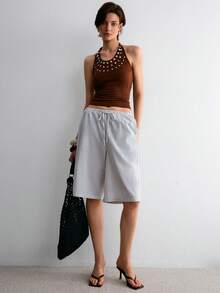 ATUI Studio Quần short nữ kẻ sọc, kiểu dáng thường ngày, thắt nút, đa năng. - Đen và trắng - Xem 2