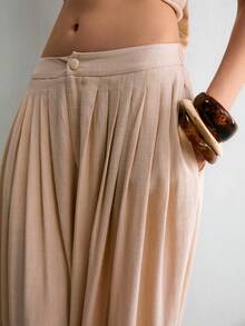 ATUI Studio Quần ống loe xếp ly màu trơn dành cho nữ, thích hợp cho kỳ nghỉ. - Màu be - Xem 7