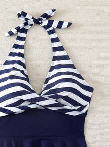 Swim Lushoire 2026 New Arrival Hot Selling Navy Blue Striped Patchwork Solid Color Dress With Drawstring, Mature Fashionable Resort Elegant Slimming Tankini Swimsuit For Women, Suitable For Party, Beach, Vacation - Navy Blue - View 6