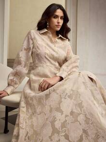 ZEYLAH Plus Size Cutout Fabric Flared Romantic Tea Time Elegant Shirt Dress - Apricot - View 7