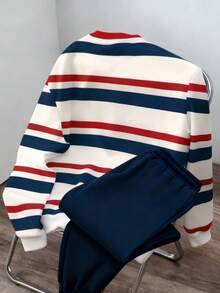 Manfinity Joysei Men's Striped Crew Neck Sweatshirt Set, Knit Fabric, Long Sleeve Casual College Style Patchwork Design, Men's Sportswear, Spring - Multicolor - View 2