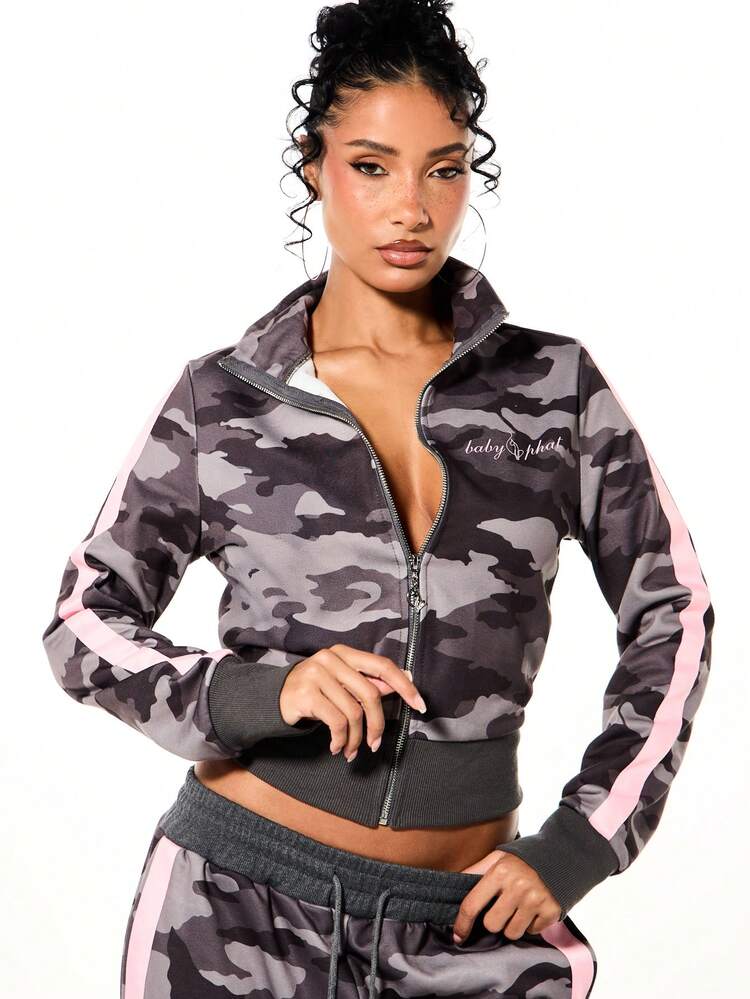 BABYPHAT Moletom Cropped Retrô com Zíper Completo em Camuflagem, com Detalhes em Listras Rosas e Barra Canelada para Uso Casual no Outono e Inverno