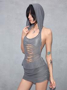 ROMWE J-Fashion Spring/Summer Women's Sexy Y3K See-Through Plunging Neck Hooded Super Mini Dress - Dark Grey - View 7
