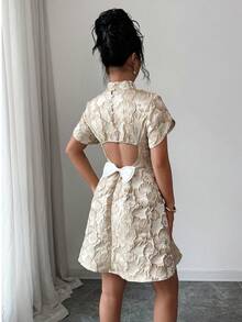 Elenzga Women's Vintage Jacquard Textured Fabric Puff Sleeve Elegant High Neck Backless Bow Contrast Color Cut Waist Unique Design Mini Dress, Summer - Apricot - View 2