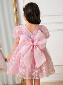 SHEIN Glamorique Kids 女婴公主裙，花童裙，生日派对裙，婚礼裙，舞会裙，侯福大蝴蝶裙，粉色网纱裙，立体花朵公主裙，欧美风，四季皆宜，复活节裙，夏季裙，优雅派对裙 - 粉色 - 查看 6