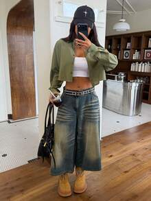 SHEIN EZwear 1pc Drop Shoulder Button Front Crop Shirt - Army Green - View 3