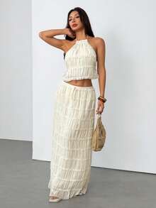 SHEIN PETITE Hàng mới về: Bộ đồ đi nghỉ mát phong cách Bohemian mùa hè dành cho nữ, bộ hai mảnh để mặc hàng ngày, khoe eo. - trắng - Xem 9