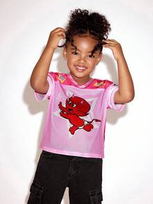 SHEIN HOT STUFF Young Girl Casual Cartoon Pattern Mesh Breathable Short Sleeve T-Shirt, Summer - Pink - View 5