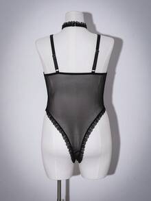 2件套浪漫蕾丝PU镂空性感女士内衣套装 - 黑色 - 查看 2