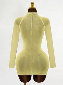 Mistrie Ladies' New Sexy Semi-Transparent Printed Long-Sleeved Dress, Net-Silk Printed, YK2 Cool Girl Style. - Yellow - View 2