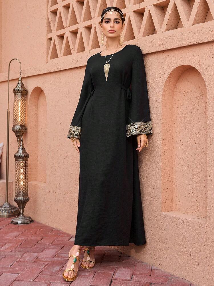 Al Najma Solid Color Faux Linen Fabric Round Neck Long Sleeve Dress With Decorative Ribbon Tie Waist, Elegant Everyday Wear - Black - View 4
