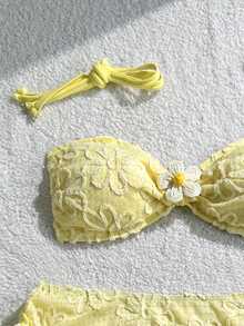 Swim Mod 3pcs Set: Lightweight Spaghetti Strap Crop Top, Tie Side Triangle Bottoms, And Ruffle Drawstring Mini Skirt - Yellow - View 4