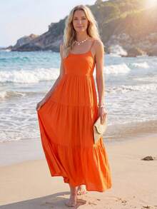 Sylviya 女性夏季休閒長肩帶蝴蝶結連身裙 - 橘色 - 查看 4