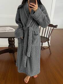 DAZY Women's Minimalist Textured Fleece Long Robe, Winter Loungewear - Grey - View 3