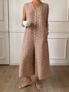 DAZY Ditsy Floral Sleeveless Loose Women's Jumpsuit Pajamas - Khaki - View 5