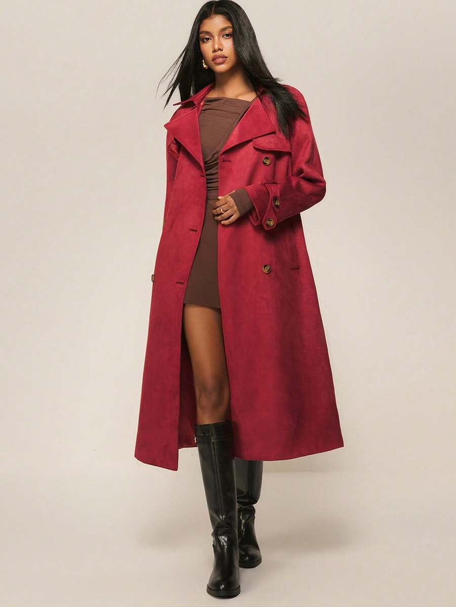 ATUI Studio Áo khoác trench coat cổ ve lật tay dài màu trơn dành cho nữ, mùa thu - Màu Đỏ Sâu - Xem 1