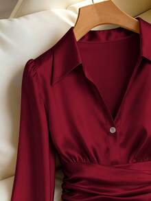 Franclia Áo sơ mi nữ dài tay dáng ôm, màu trơn, xếp ly, cài cúc, thanh lịch. - Màu Đỏ Sâu - Xem 3