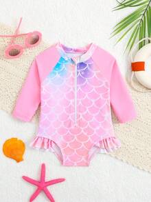 Newborn Fish Scale Print Long Sleeve One-Piece Swimsuit, Sun Protection Suitable For Vacation, Beach Play Baby Swim Suit Girl Long Sleeve Baby Girl Rash Guard Swimsuit Baby Girl Toys Mermaid Baby Outfit Baby Girl Mermaid Swimsuit Mermaid Doll Newborn Baby Girl Clothes