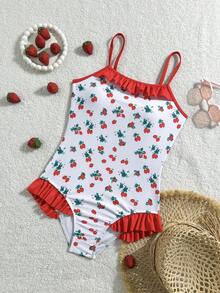 SHEIN 草莓印花少女泳衣，撞色荷叶边装饰，弹力速干舒适针织面料连体衣，适合游泳池、海滩、冲浪、度假、夏季穿着。 - 彩色 - 查看 3