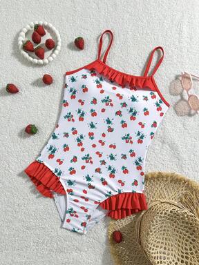 1 pieza Traje de baño para adolescentes con estampado de fresa, con volantes de contraste, tela elástica y de secado rápido y cómoda, adecuado para piscina, playa, surf, vacaciones, verano