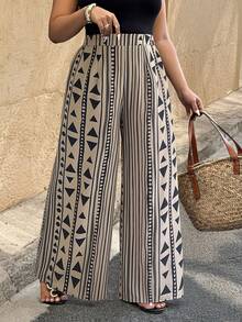 SHEIN LUNE Plus Size Women's Beige Summer Boho Vacation Holiday Floral Print Wide Leg Pants,Loose Comfortable Flowing Spring/Summer Pattern Pants For Travel - Multicolor - View 4