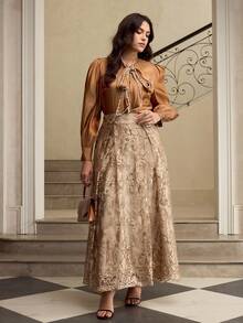 ZEYLAH 大码女士优雅珍珠边饰飘逸长袖衬衫 - 棕色 - 查看 5