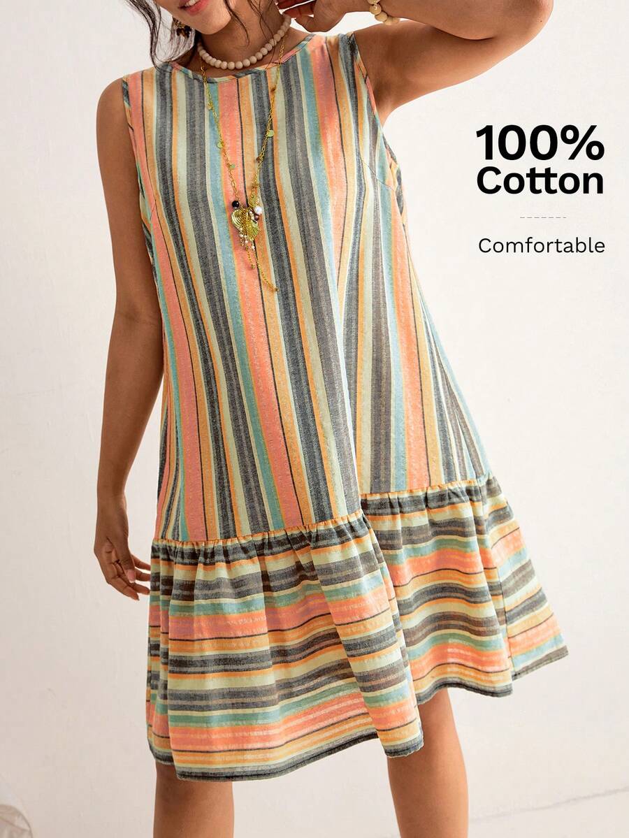 SHEIN LUNE Đầm không tay kẻ sọc nhiều màu sắc dành cho nữ cỡ lớn, trang phục mùa xuân cho nữ, trang phục mùa hè cho nữ, quần áo mùa hè, trang phục lễ Phục sinh cho nữ, trang phục phương Tây cho nữ. - Nhiều màu - Xem 1