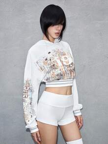 ROMWE Avant 前卫锈蚀效果数字印花短款卫衣 - 白色 - 查看 5