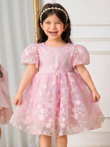 SHEIN Glamorique Kids 女婴公主裙，花童裙，生日派对裙，婚礼裙，舞会裙，侯福大蝴蝶裙，粉色网纱裙，立体花朵公主裙，欧美风，四季皆宜，复活节裙，夏季裙，优雅派对裙 - 粉色 - 查看 2