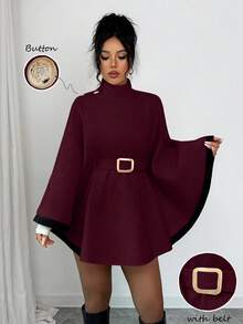 SHEIN Elenzya Women's Poncho Flare Sleeve Wool Blend Casual Elegant Streetwear Commute Business Romantic Date Party Christmas Autumn/Winter Apricot Overcoat - Burgundy - View 8