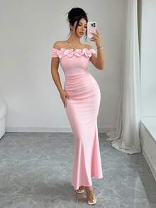 Rafferiza 优雅迷人性感露肩花卉褶皱紧身连衣裙，适合假日派对和春夏穿着 - 粉色 - 查看 5